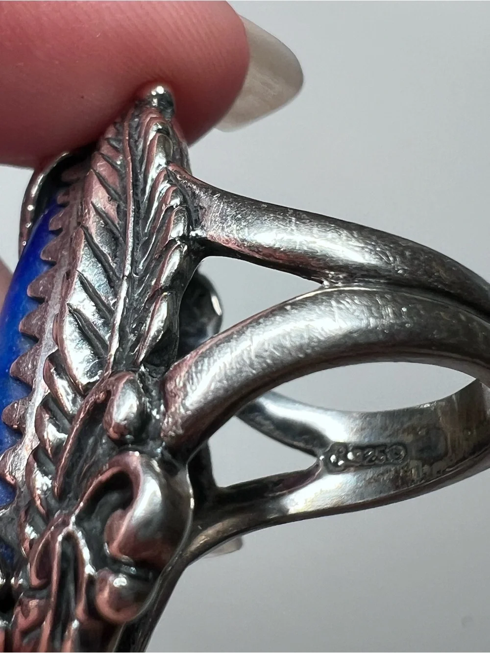 925 Sterling Silver Blue Marquise Lapis Ring Leaf Design Signed Sz 6.5-7?